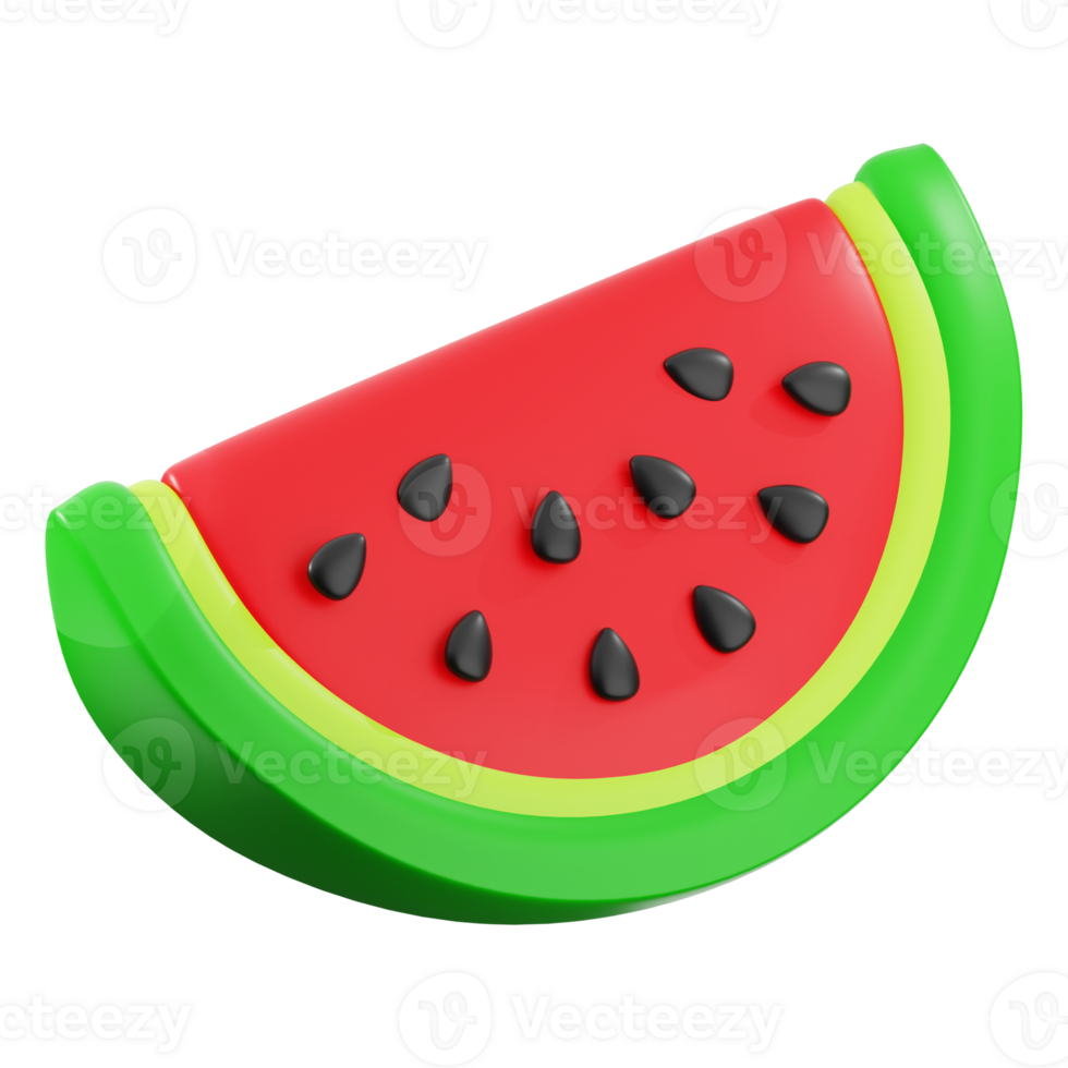 3d Watermelon slice with black seeds, a vibrant and refreshing summer snack. Perfect for food blogs, healthy eating content, prints png