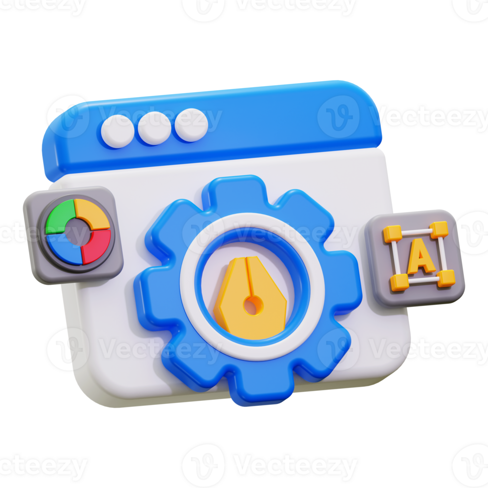 Design process 3D graphic displaying website design tools like a gear and pen, suitable for web development or graphic design concepts png