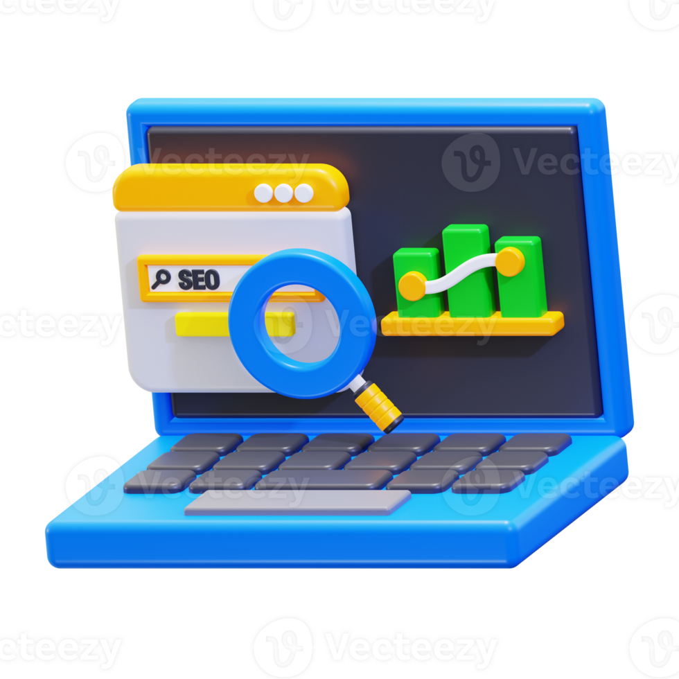 Seo 3d laptop image for insightful seo analysis in vibrant blue hue suitable for website design, digital marketing, technology concepts png
