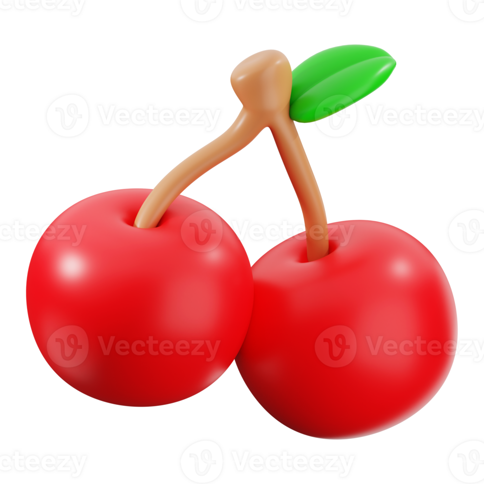 Vibrant 3D rendering of two red cherries. Ideal for food packaging, summer promotions, health related designs, or cherry themed content png