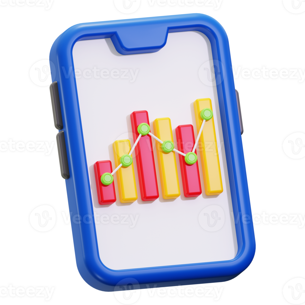 3D phone displaying a colorful bar graph, suitable for technology or financial themed designs, presentations, marketing materials, or data analysis concepts png