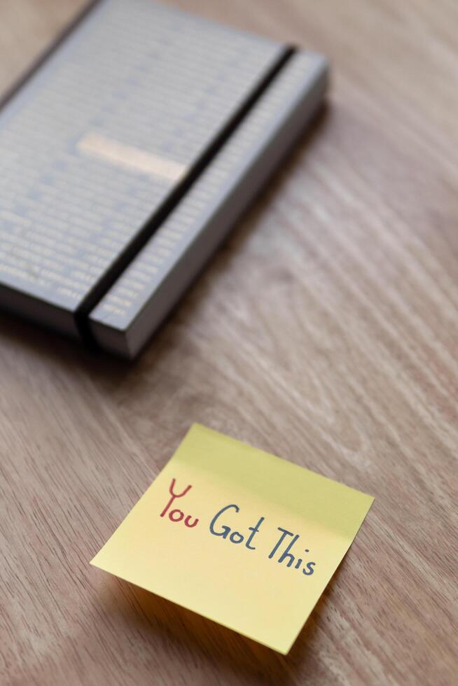 Motivational note desk office space image bright atmosphere close-up inspiration photo