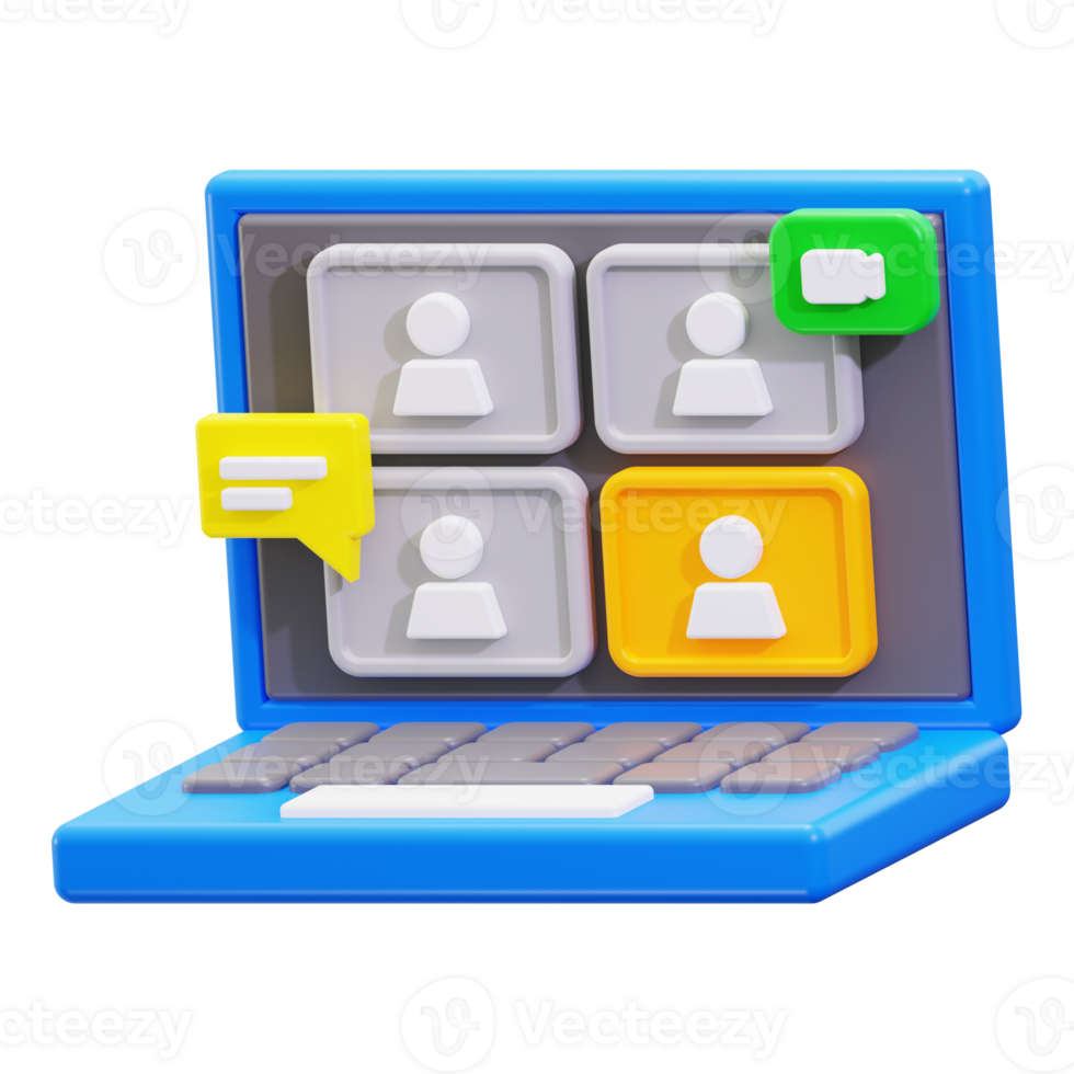 3d conference on sleek blue laptop suitable for business, technology, remote work, communication, work from home concepts. Meetings online png