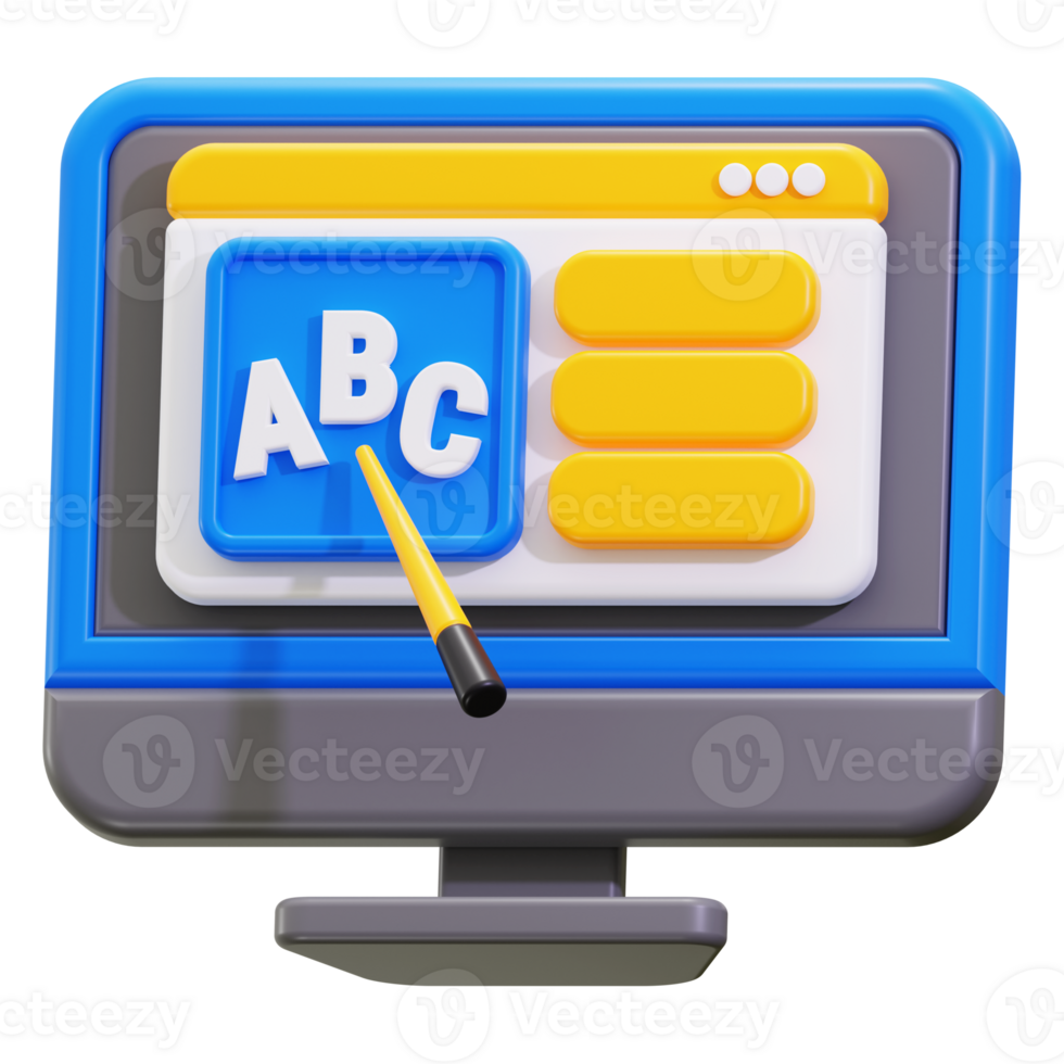 Online teaching concept with ABC displayed on computer screen in 3D for educational websites, blogs, e learning platforms, and social media png