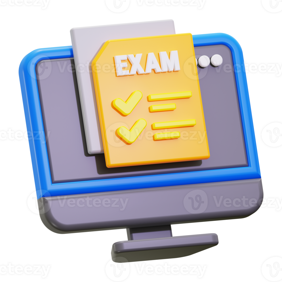 Online exam preparation shown with a 3d rendering of a computer monitor displaying an exam checklist. Perfect for educational graphics png