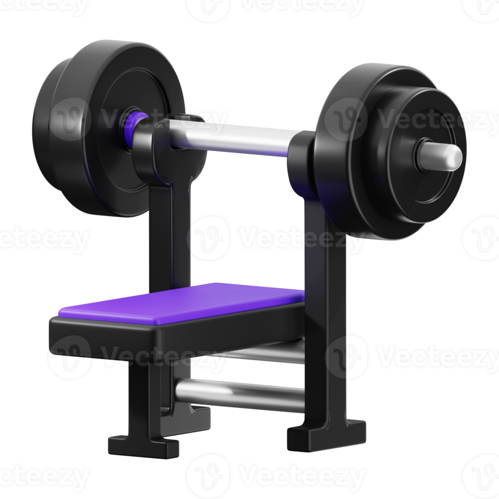 3d Weight bench with barbell for heavy lifting. Suitable for fitness, gym, strength training, bodybuilding, exercise, workout, health, and wellness concepts png