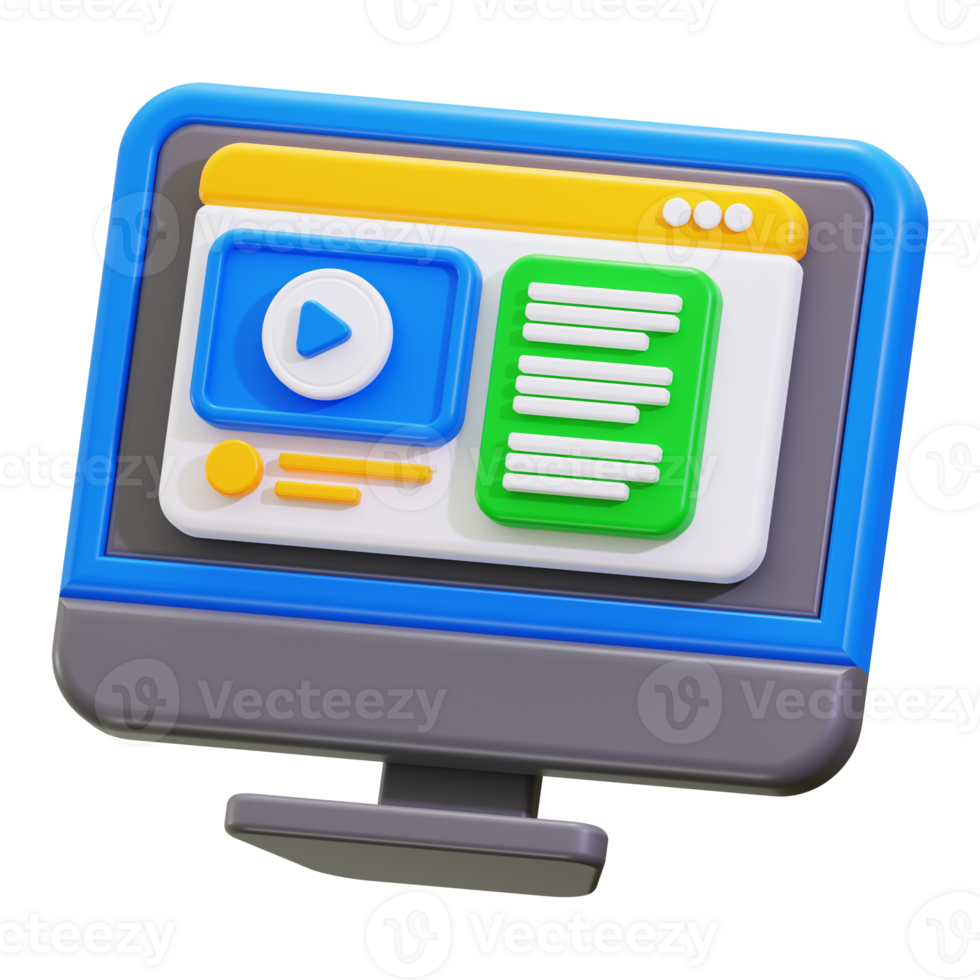 online learning 3d computer monitor with a play button for educational content. Perfect for e learning websites and online courses promotion png