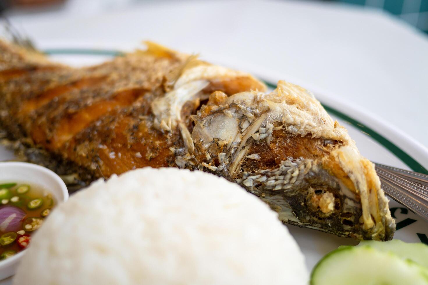 Crispy fried fish dish coastal restaurant food vibrant setting close-up angle photo