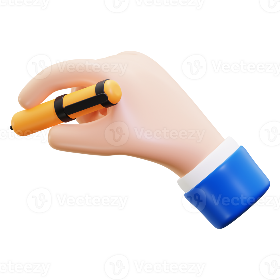 3d Hand holding yellow pen, writing tool for education, creativity, business, design, communication, office, stationary, school, writing, notes concepts png