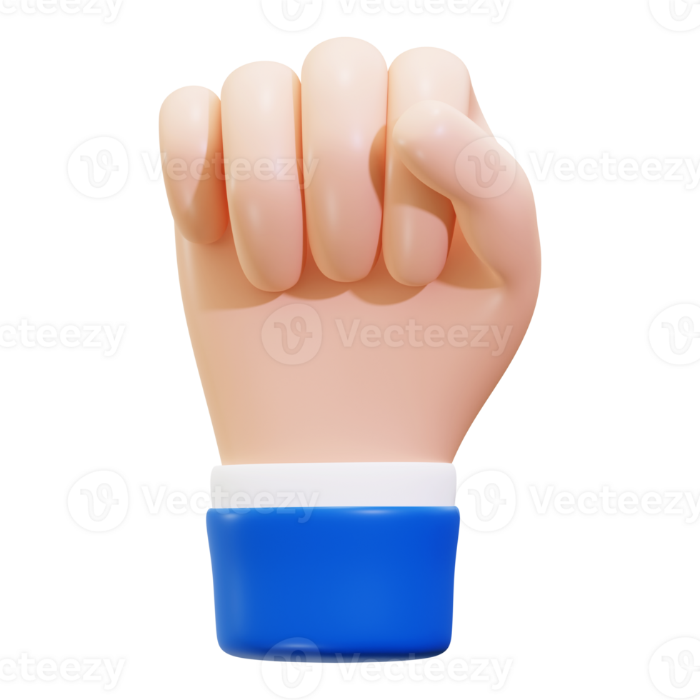 3D cartoon fist with a blue sleeve, gesturing in a fist hand pose. Suitable for communication, sports, power, determination concepts png