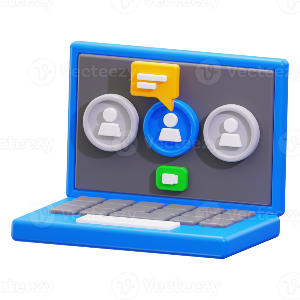 3d conference with icons on a blue laptop suitable for business, technology, remote work, online meetings, virtual team collaboration png