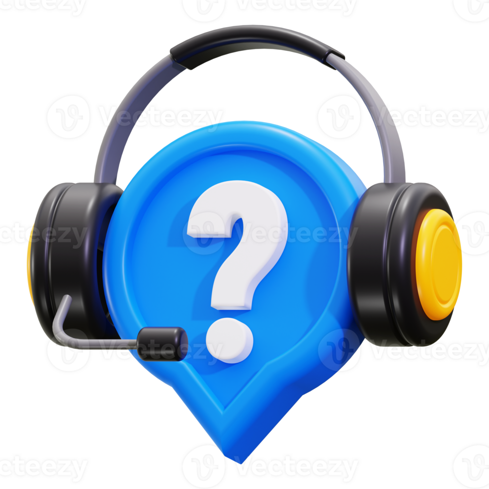 Customer support concept depicted with a 3D rendering of a headset and question mark. Suitable for customer service websites and blogs png