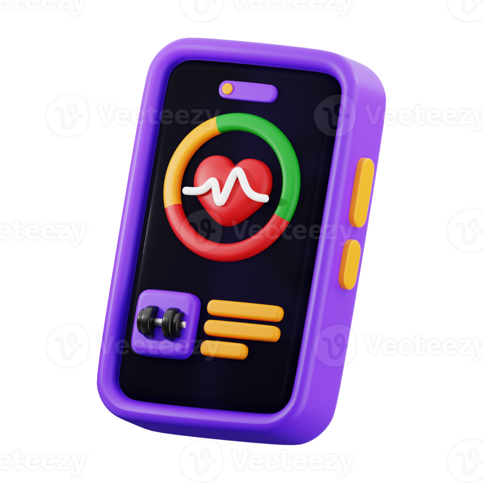 3d Fitness app icon with purple phone, red heart, and dumbbell. Suitable for mobile fitness apps, health blogs, and workout websites png