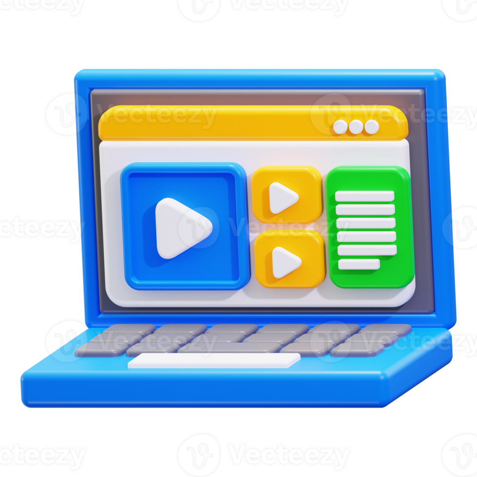 3d online learning enhanced by a sleek 3D blue laptop with a prominent play button. Perfect for educational websites or online courses png
