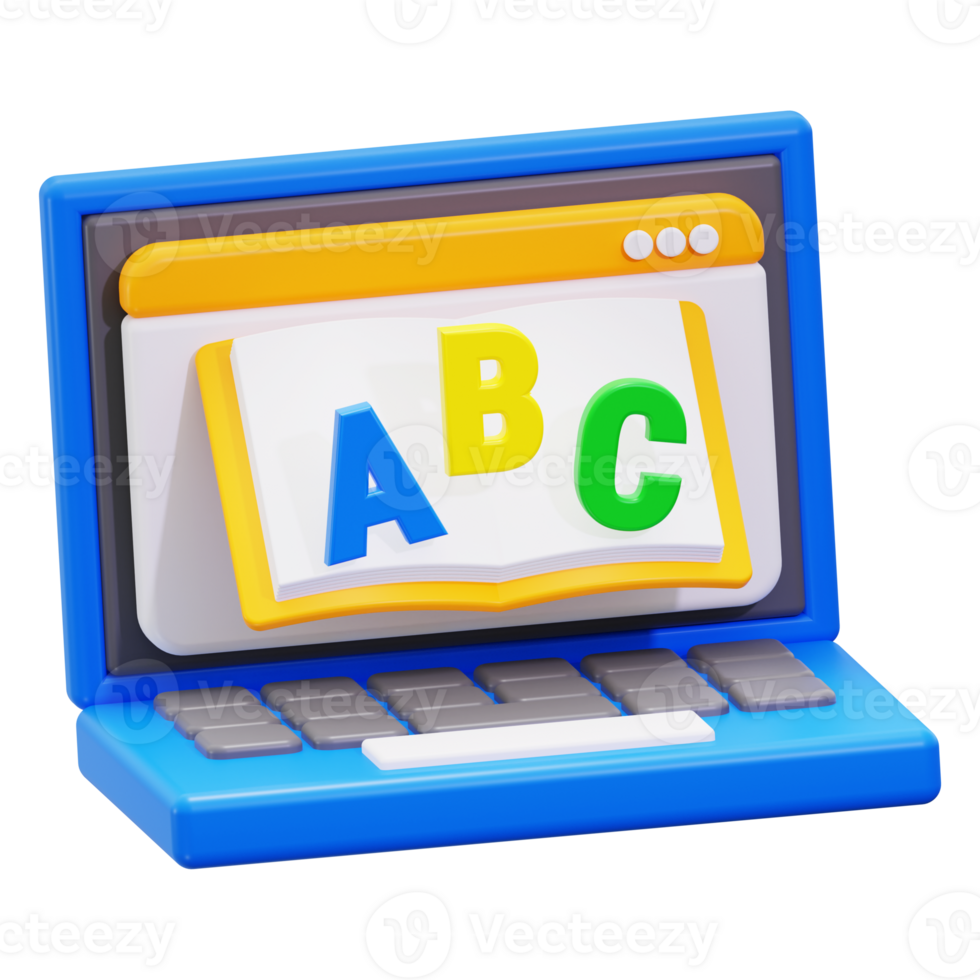 3d Online learning tools blue laptop, abc book. Perfect for education, e learning, distance learning, homeschooling graphics, and online courses png