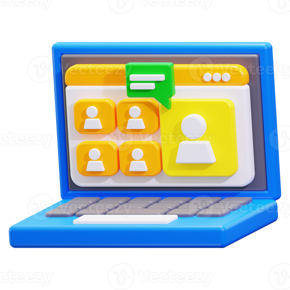 Blue 3D laptop shows online webinar setting with interactive discussion, people icons, and chat bubble. Ideal for virtual events promotion png
