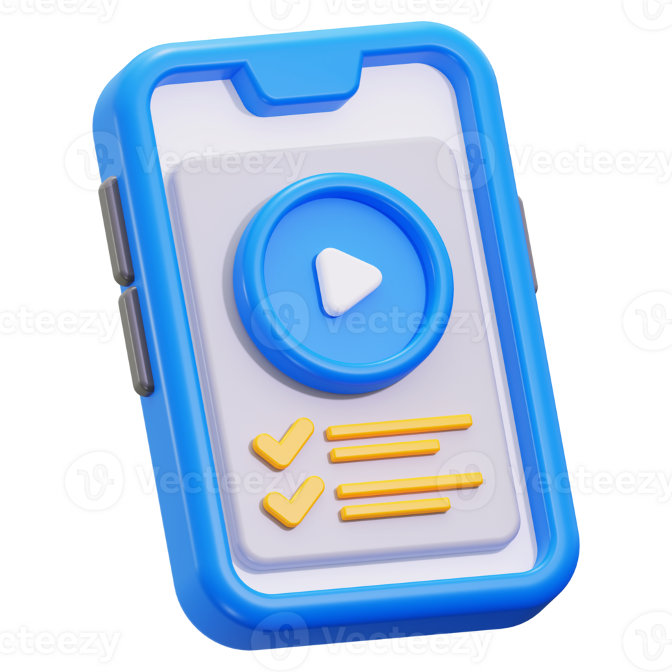 3d Online course icon with a blue phone, play button, and checkmarks. Perfect for e learning platforms, digital courses, and educational websites png