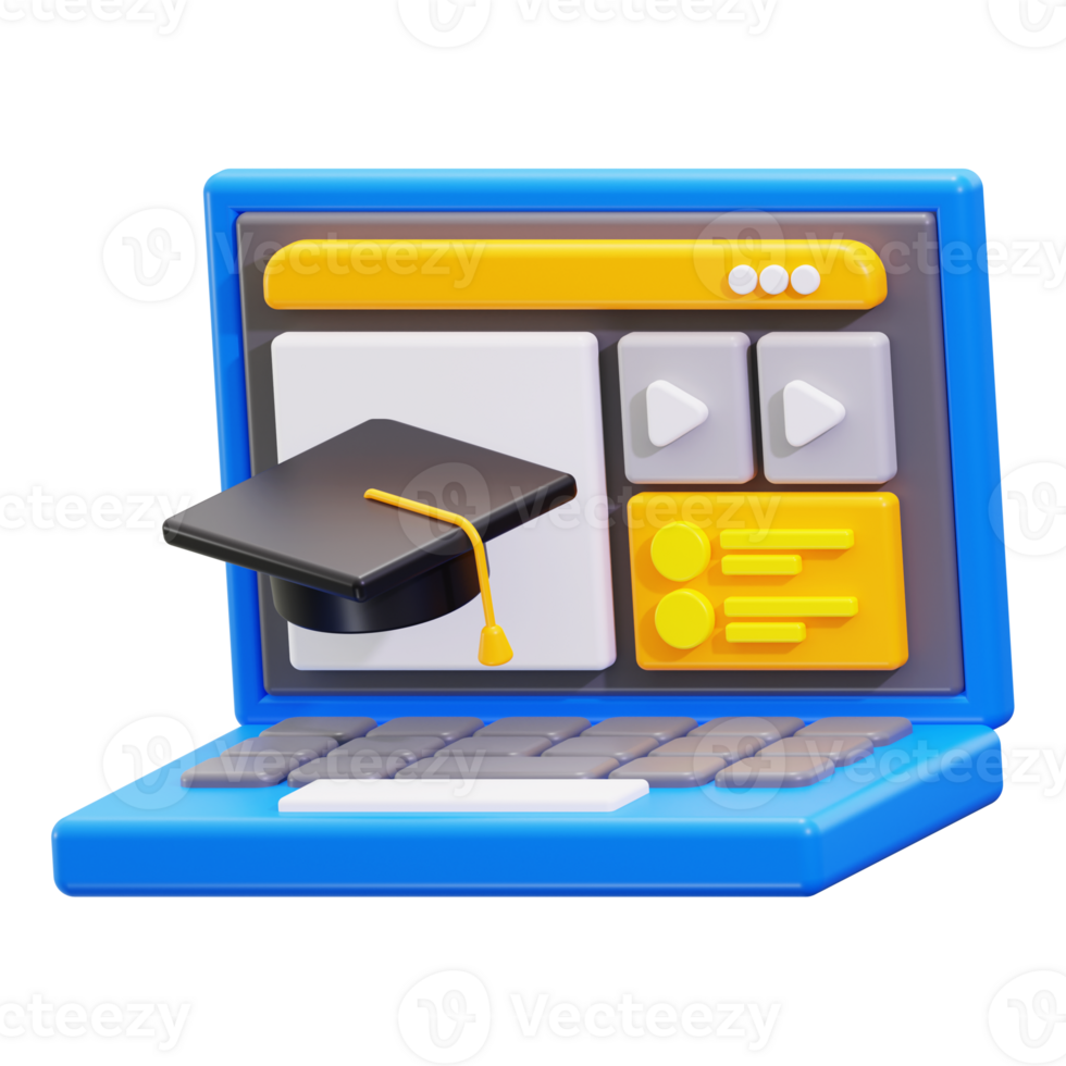 Online course students will appreciate 3D model depicting a blue laptop with a graduation cap, perfect for educational design projects png