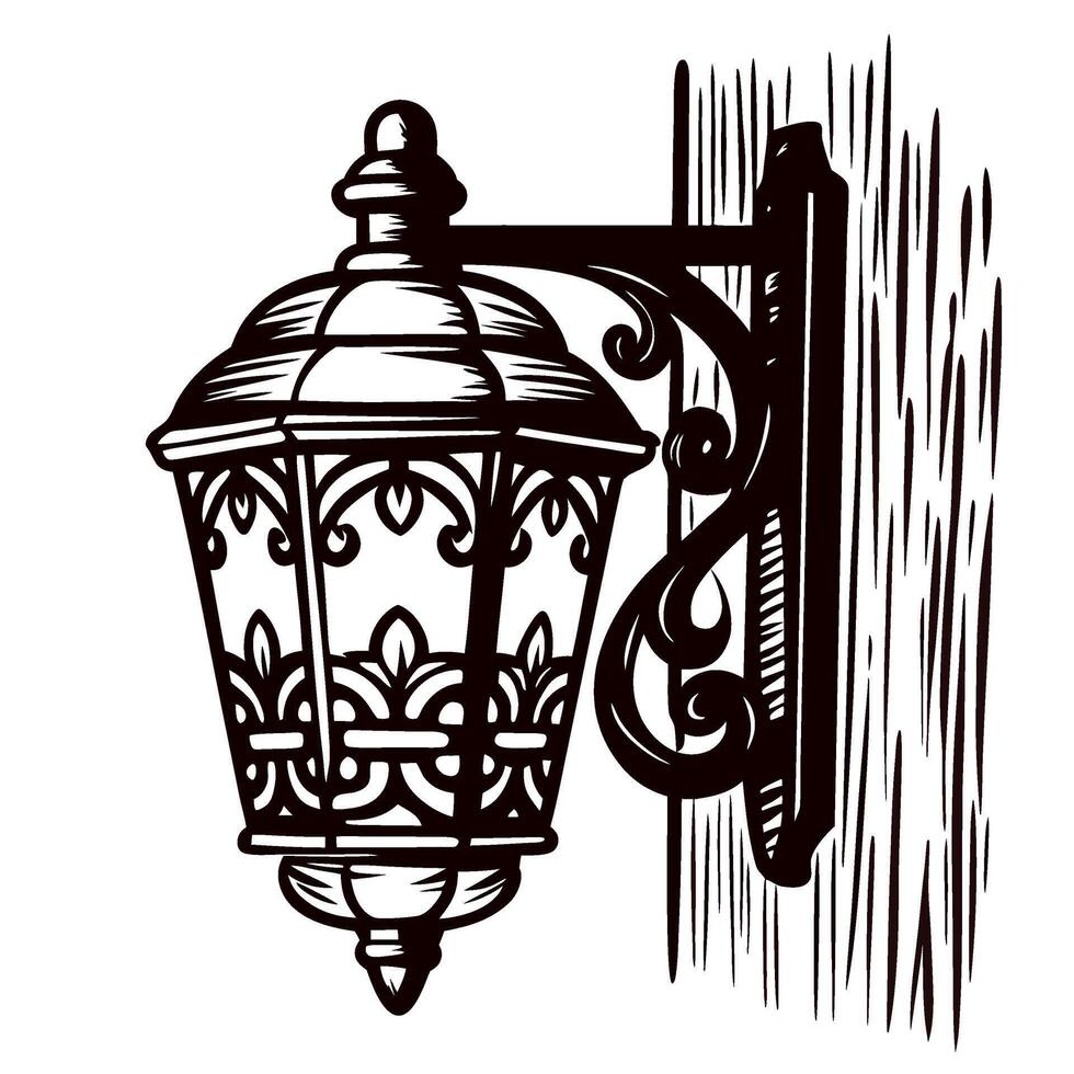Elegant vintage iron wall lantern sketch with ornate scrollwork mounted on textured wooden surface vector