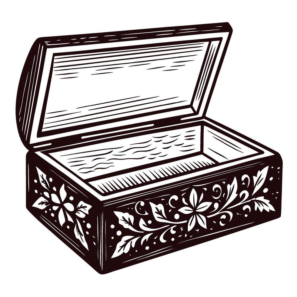 Hand drawn wooden jewelry box with floral ornament and open lid isolated on white background illustration vector