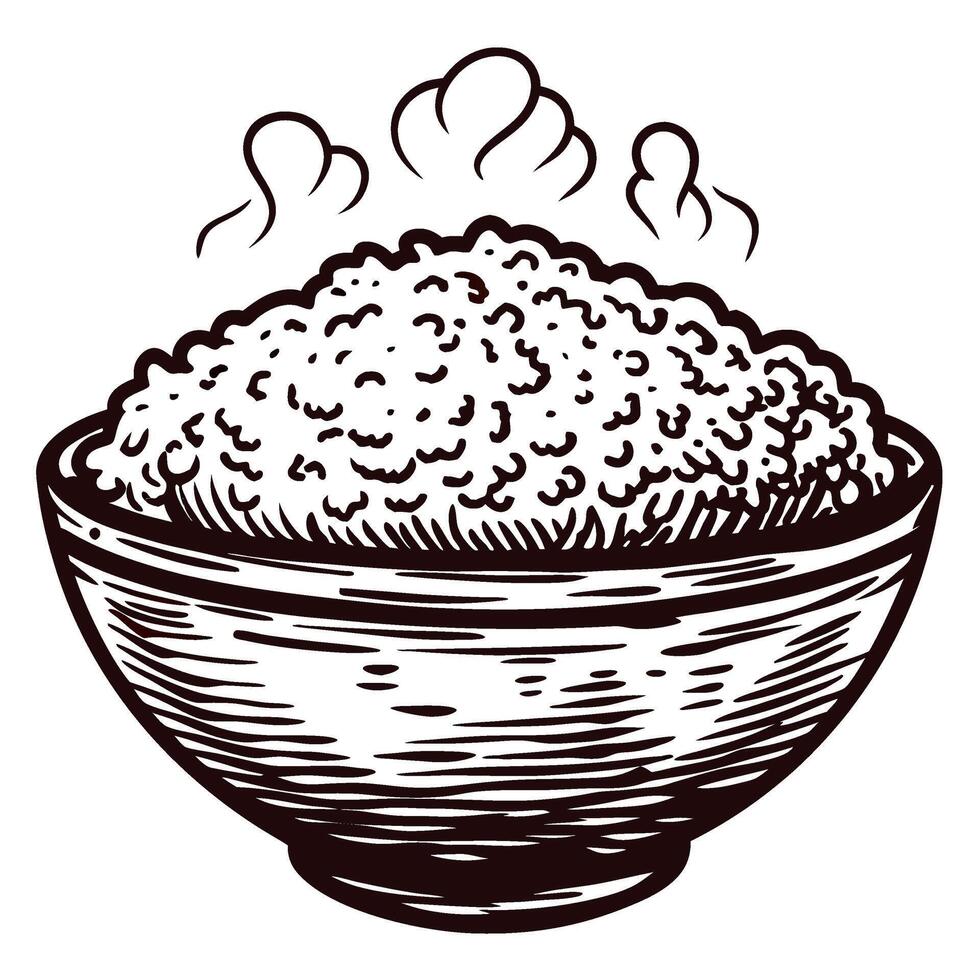 Hand drawn steaming bowl of cooked rice in vintage engraved sketch vector