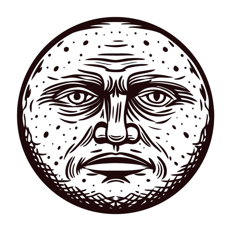 Detailed engraved full moon with human face expression, vintage celestial illustration, black and white line art vector