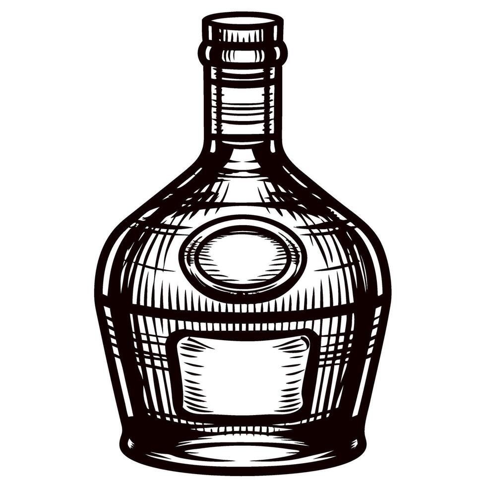 Hand drawn vintage glass bottle with blank labels, detailed sketch illustration isolated on white background vector