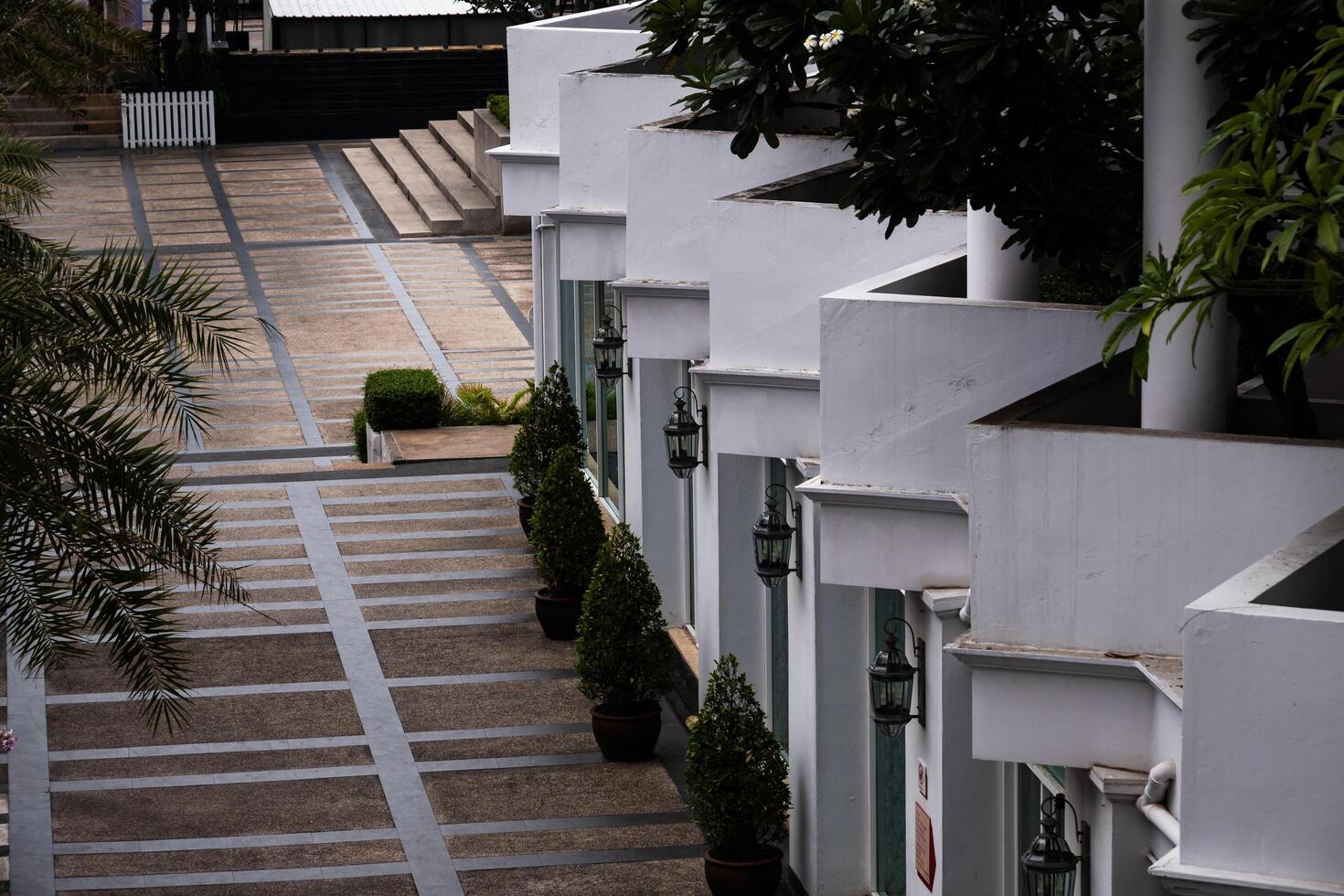 Serene architectural walkway in urban area minimalist style peaceful atmosphere photo