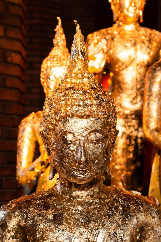 Golden buddha statues display cultural temple art indoor setting close-up perspective photo
