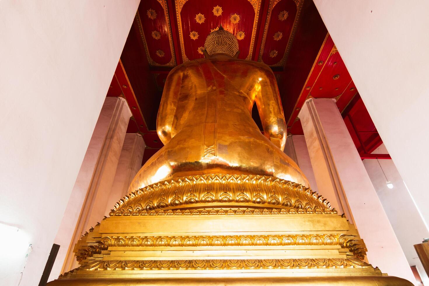 Golden buddha statue temple in thailand cultural icon serene environment rear view spiritual significance photo