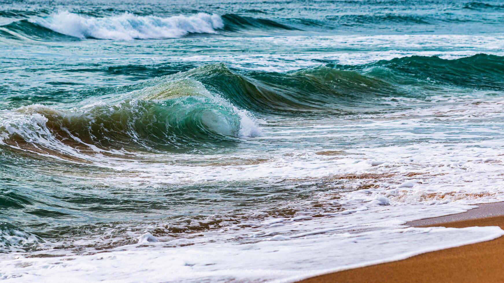Dynamic ocean waves crashing sandy shoreline natural beauty coastal viewpoint tranquil environment photo