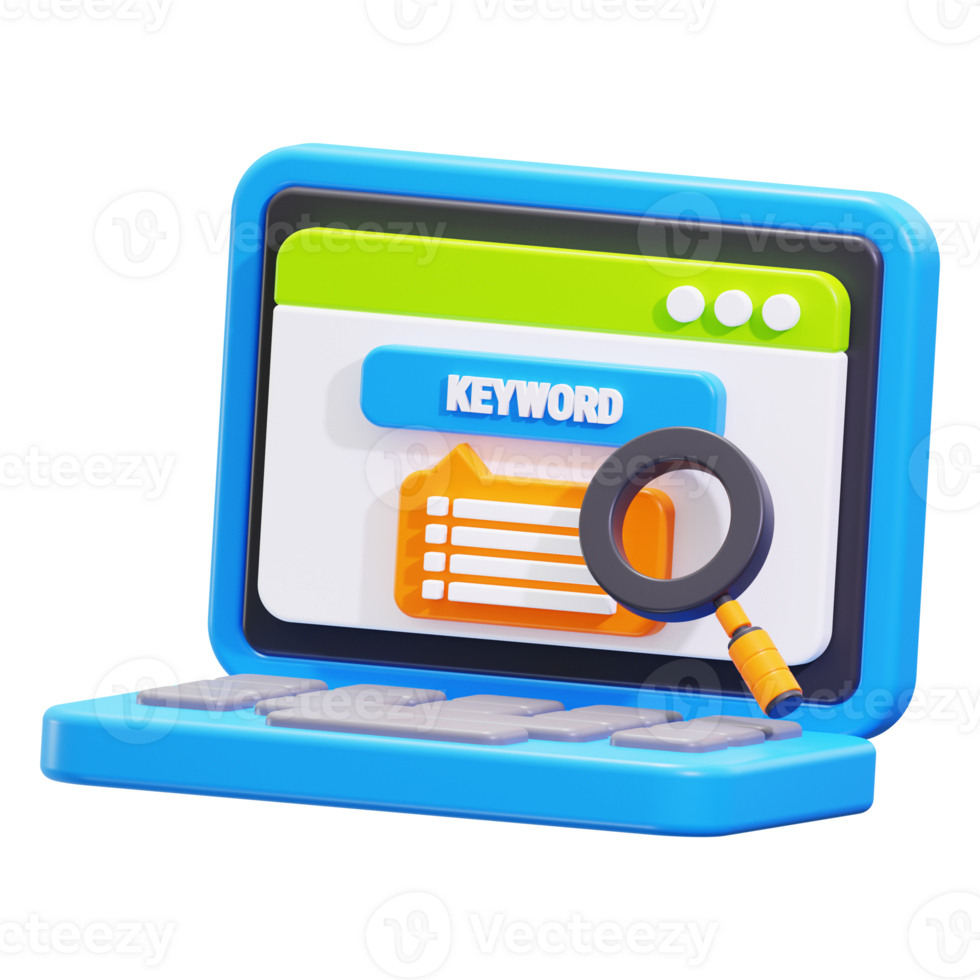 3d Blue laptop and magnifying glass searching for keywords. Ideal for SEO, digital marketing, blogging, and web design concepts png