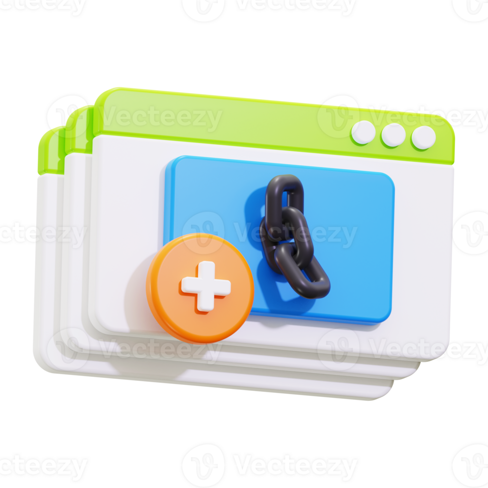 3d Seo backlink icon with a chain plus sign on a web browser, perfect for digital marketing, SEO, technology, and web design projects png