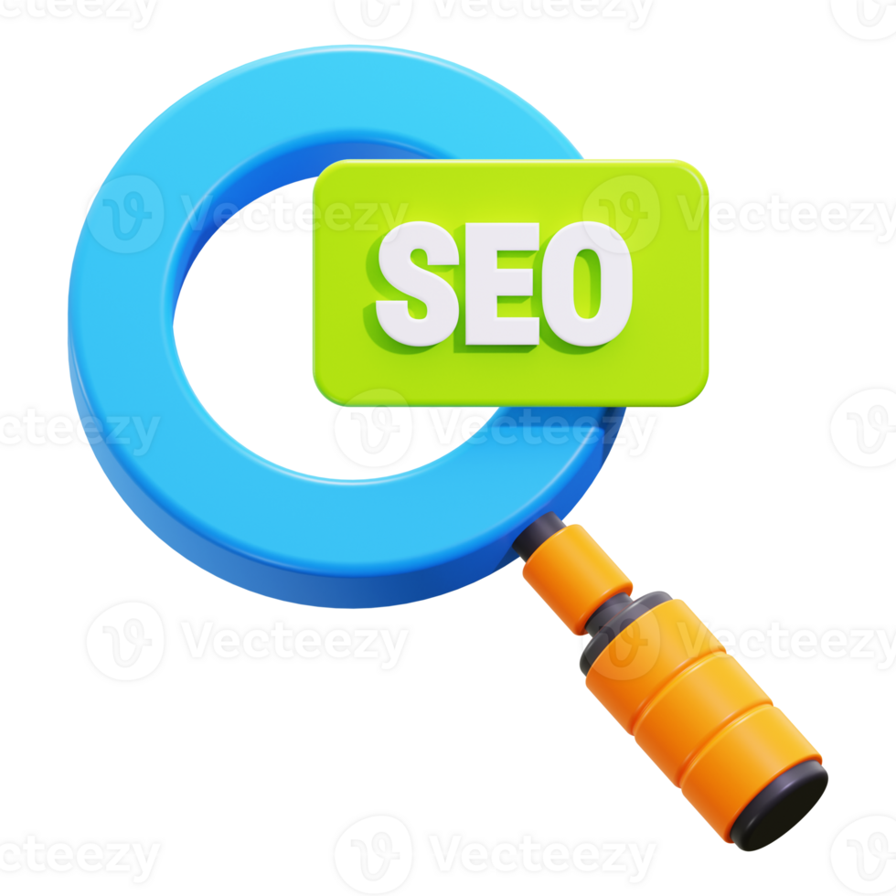 3d SEO concept with blue magnifying glass showing green SEO label. Ideal for website optimization, digital marketing, and search engine related designs png