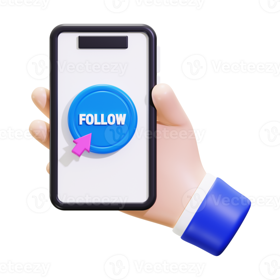 Hand Holds A Smartphone With A Blue Button That says follow 3d icon png