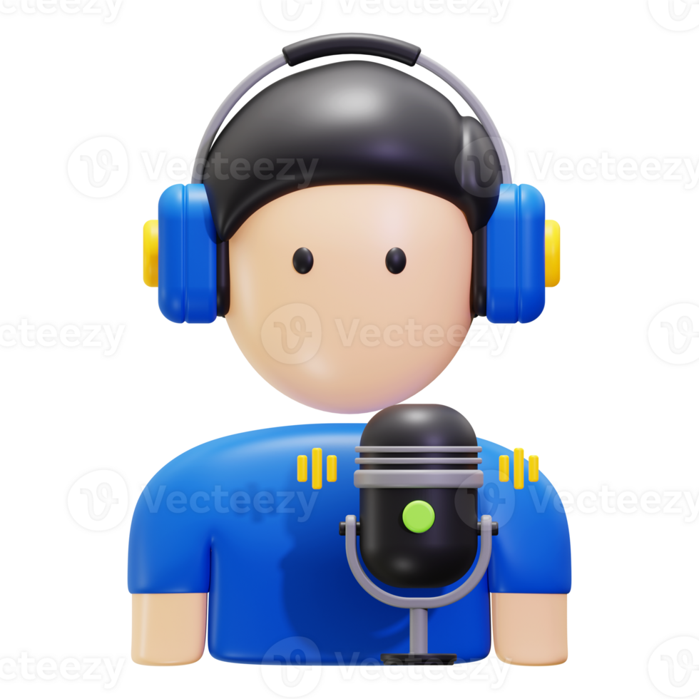 3D rendered podcaster in headphones speaking into a microphone png