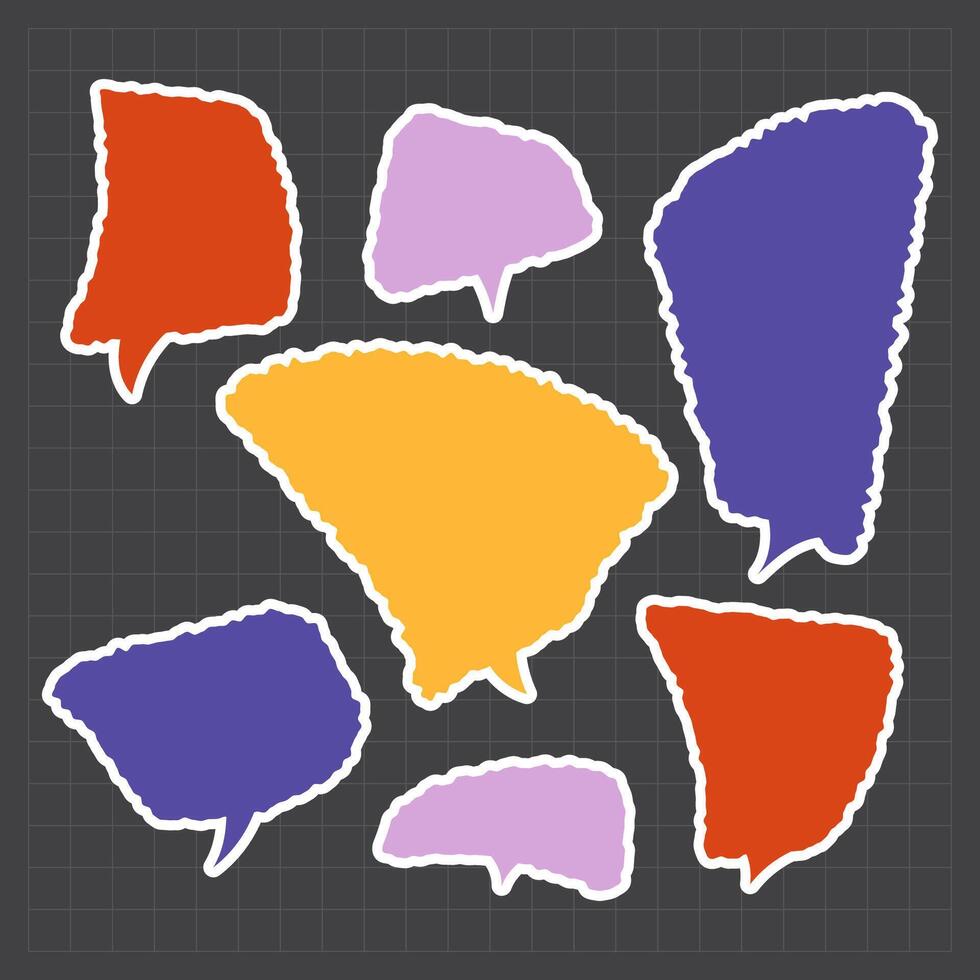 Sticker style speech bubbles with white border and textured shapes for fun dialog talk or colorful messaging vector