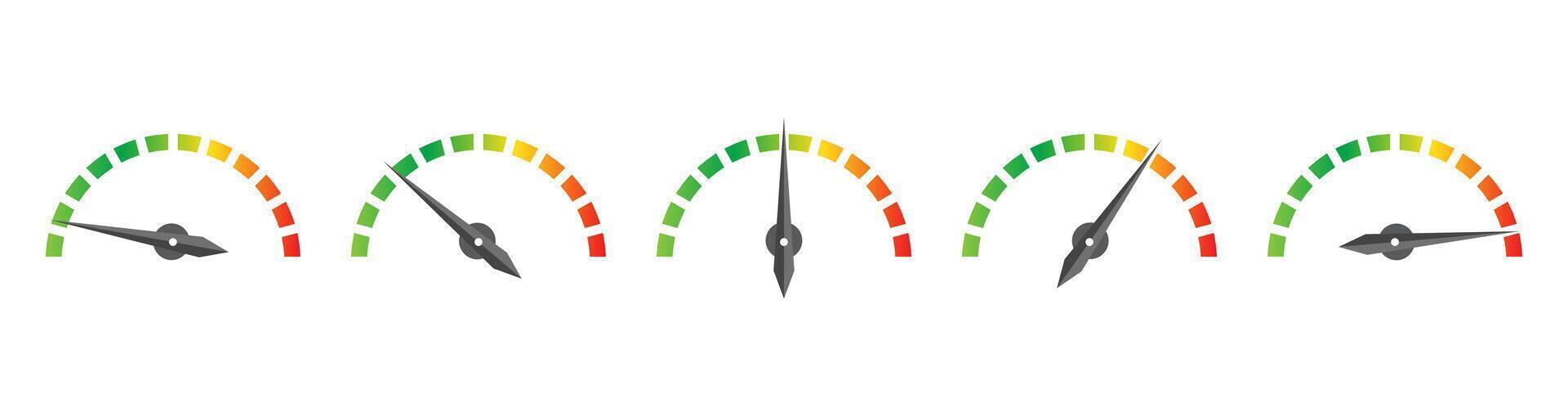 Speedometer Performance Rating Icons Set Colorful Gauge Meters Showing Level Indicators for Power, Speed, Load, or Efficiency process vector