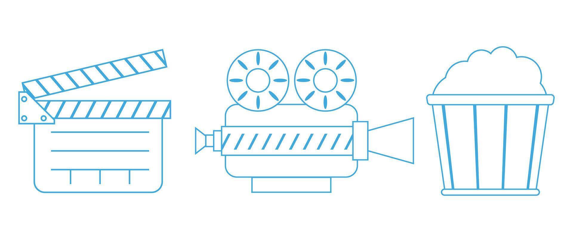 Film icons collection with movie clapper popcorn and camera for cinema content production or entertainment use vector