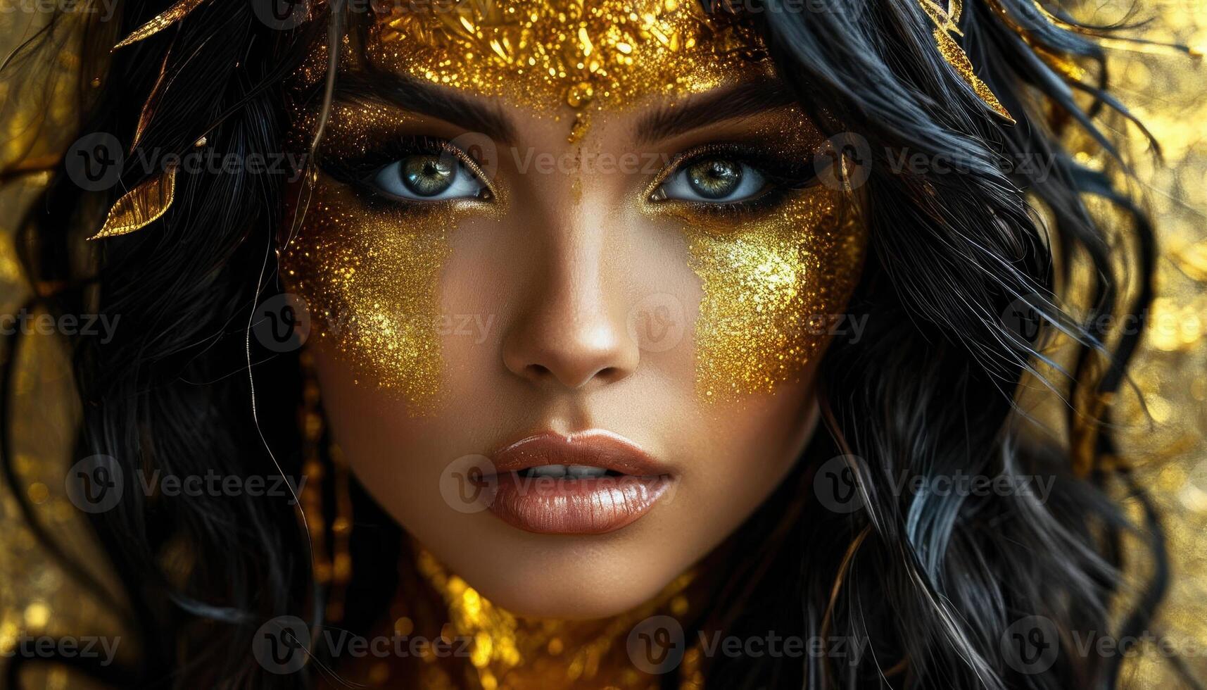 Woman with an impressive golden makeup and accessories photo