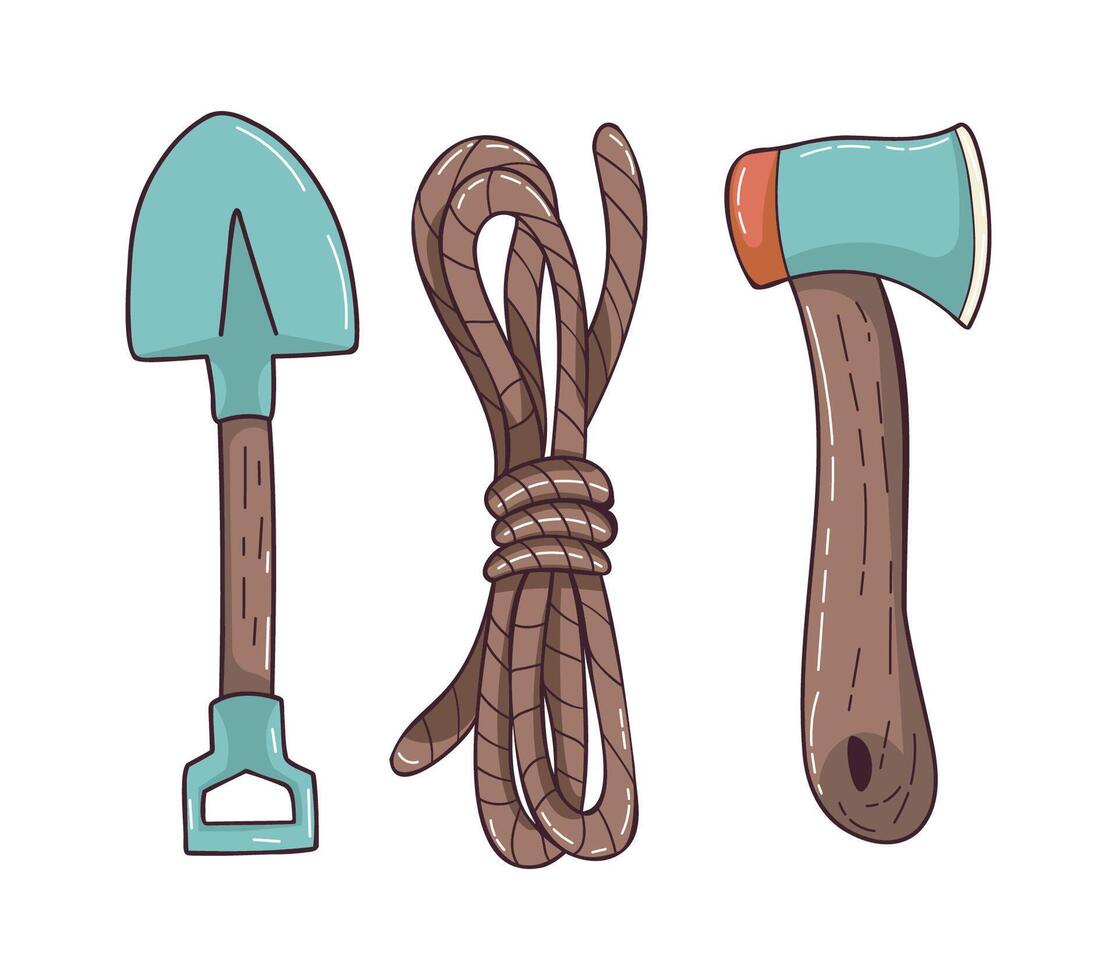 Shovel, rope, and axe tools vector