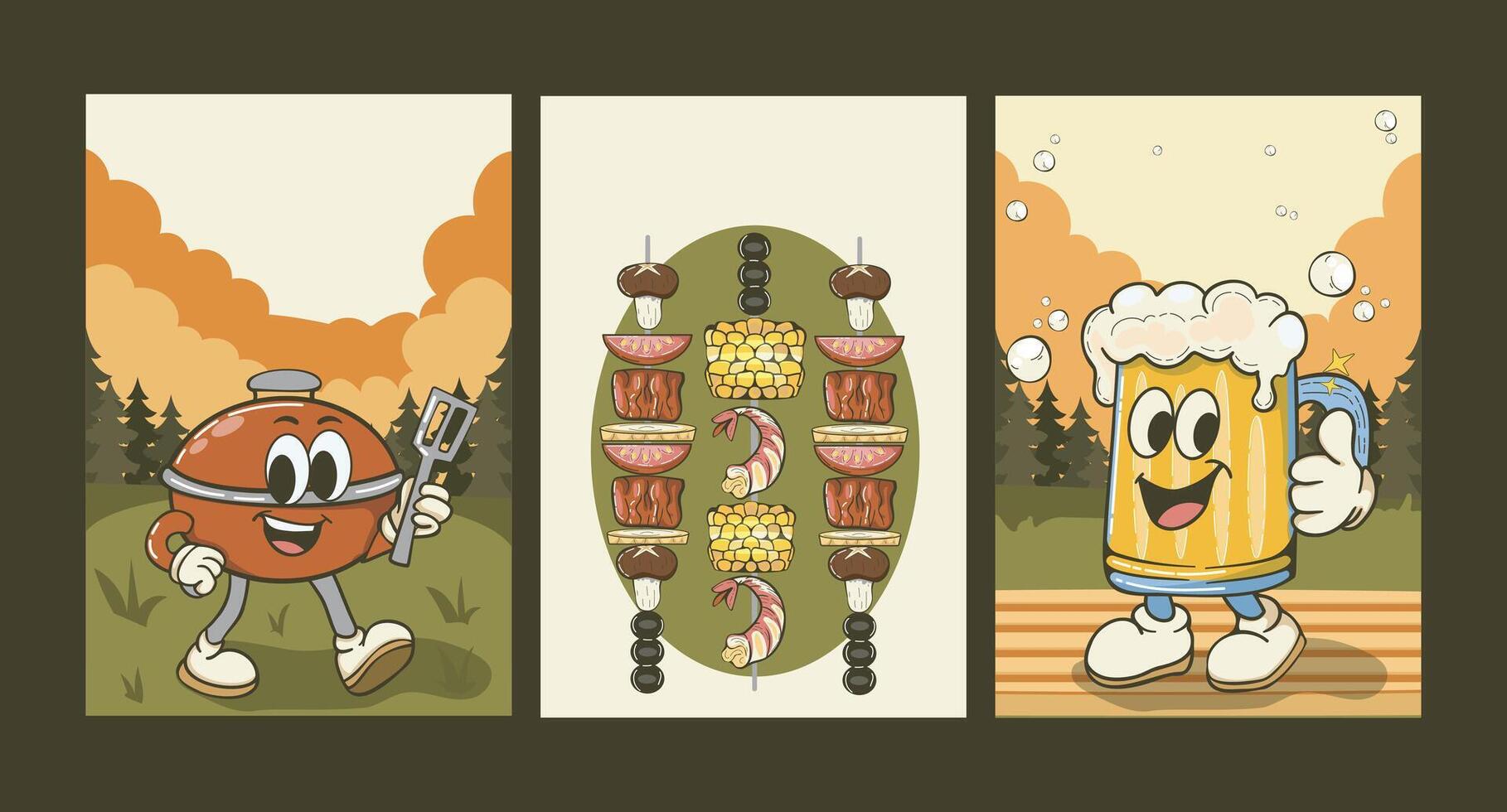 BBQ grill, food skewers, and beer vector
