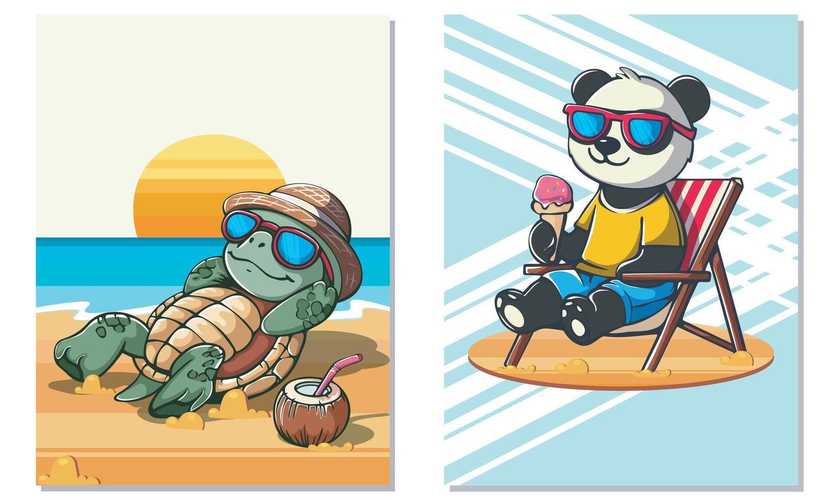 Turtle and panda relaxing in summer vector