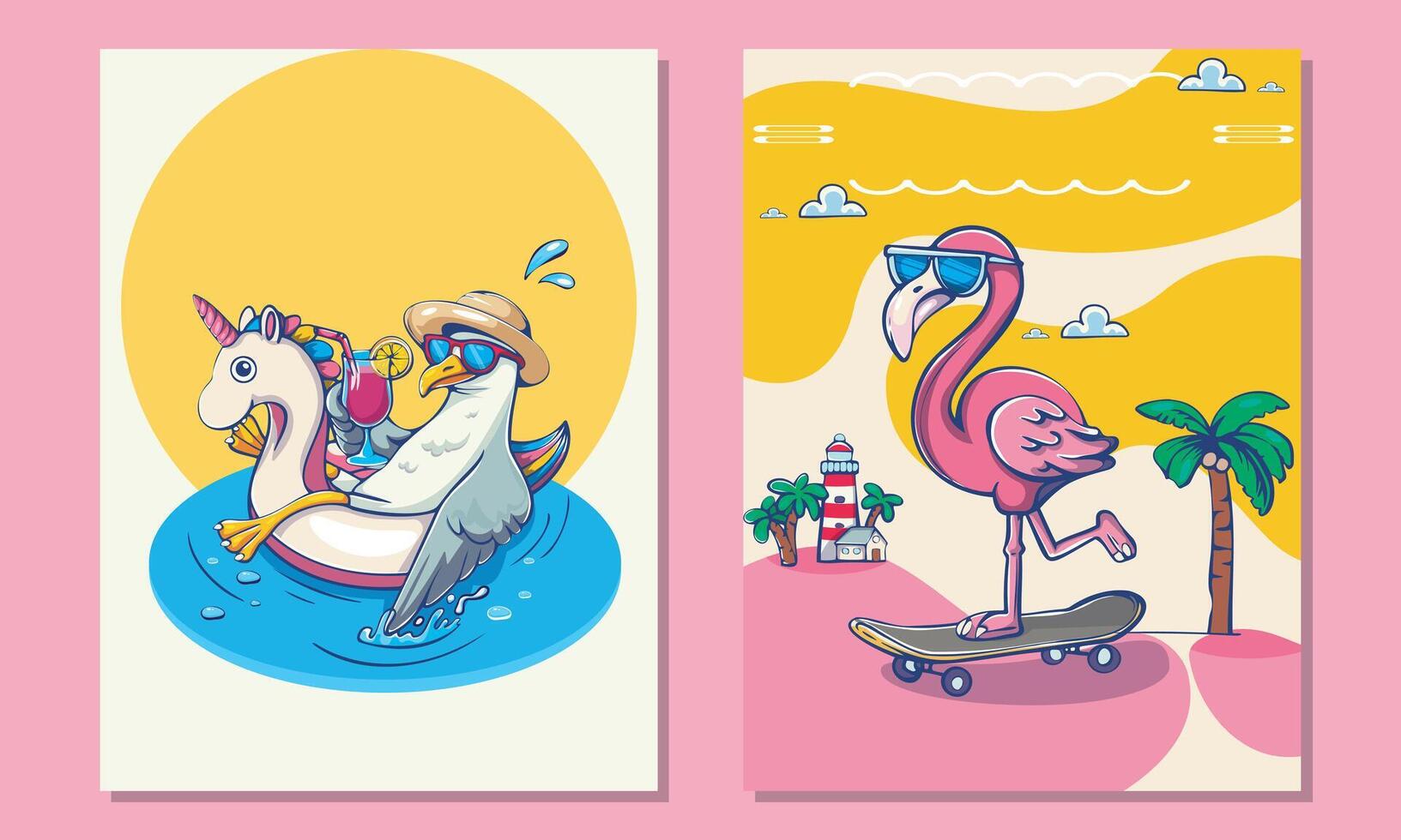 Sea summer posters beach coast ocean in cartoon style. Vocation, holidays, vibe, seagull drinking cocktail, flamingo skateboard. Decor of wallpaper, walls, print and postcard vector