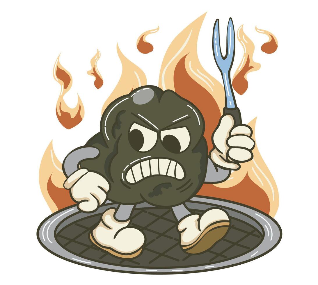 Funny Cartoon Charcoal Character Holding Grill Fork on a Flaming Background vector