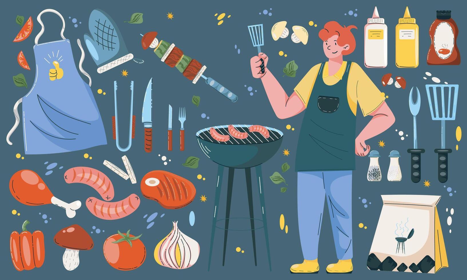 Chef grilling BBQ with assorted ingredients vector