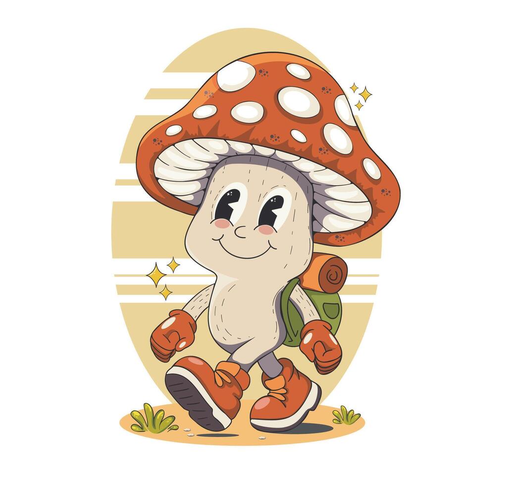 Cheerful Cartoon Mushroom Character Walking with Backpack and Gloves vector