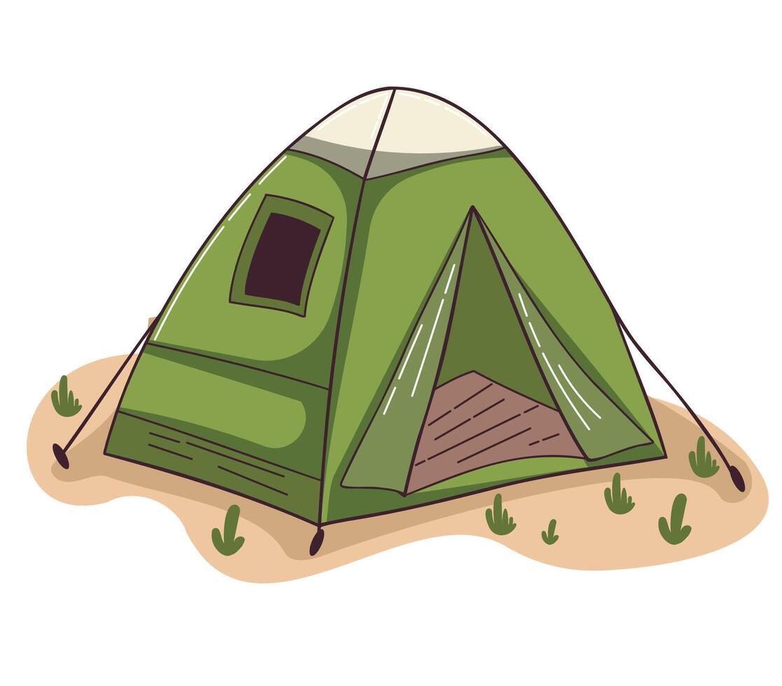 Illustration of a Green Camping Tent on Sandy Ground with Grass Details vector