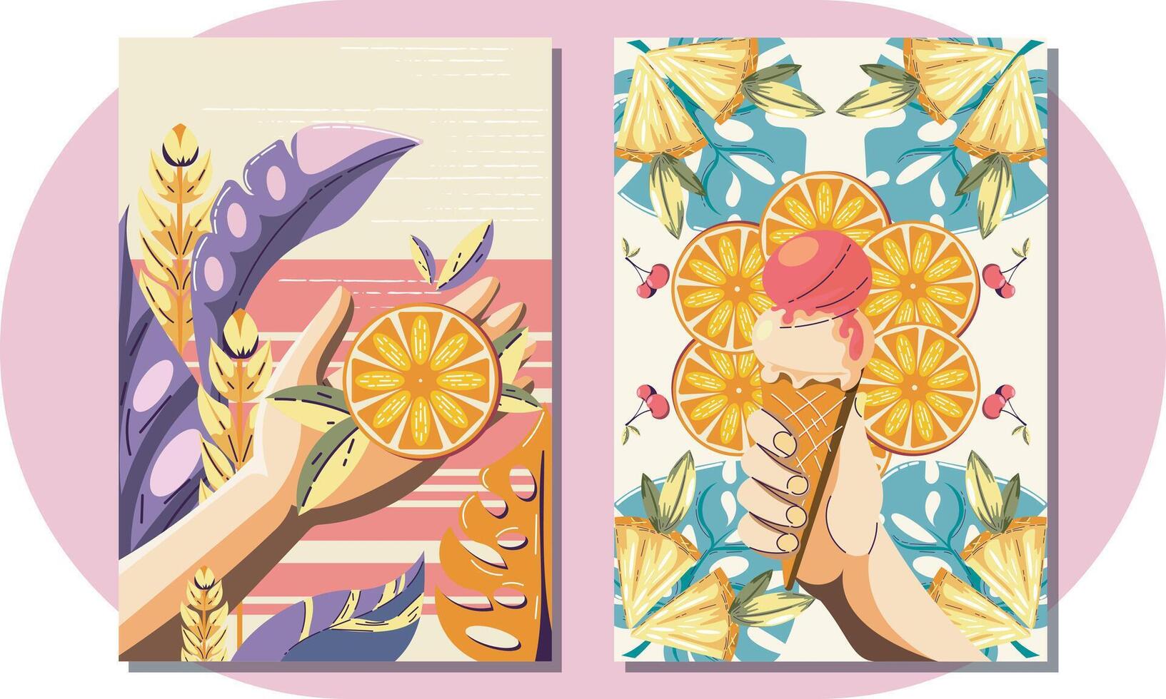 Hot summer posters in a retro style. Decor on the wall, bright banners of summer, relaxation and vocation, holidays. Decor of wallpaper, walls and postcards vector