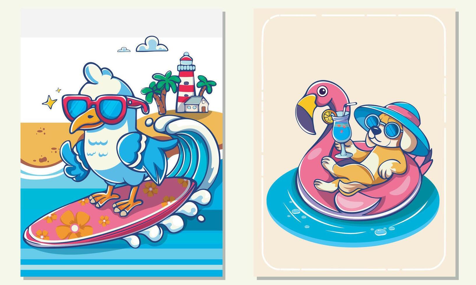 Sea summer posters beach coast ocean in cartoon style. Vocation, holidays, vibe, fruits, cocktails, seagull, dog. Decor of wallpaper, walls, print and postcard vector